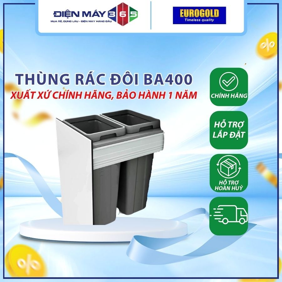 Thùng rác âm tủ ray hộp giảm chấn cao cấp Eurogold BA400