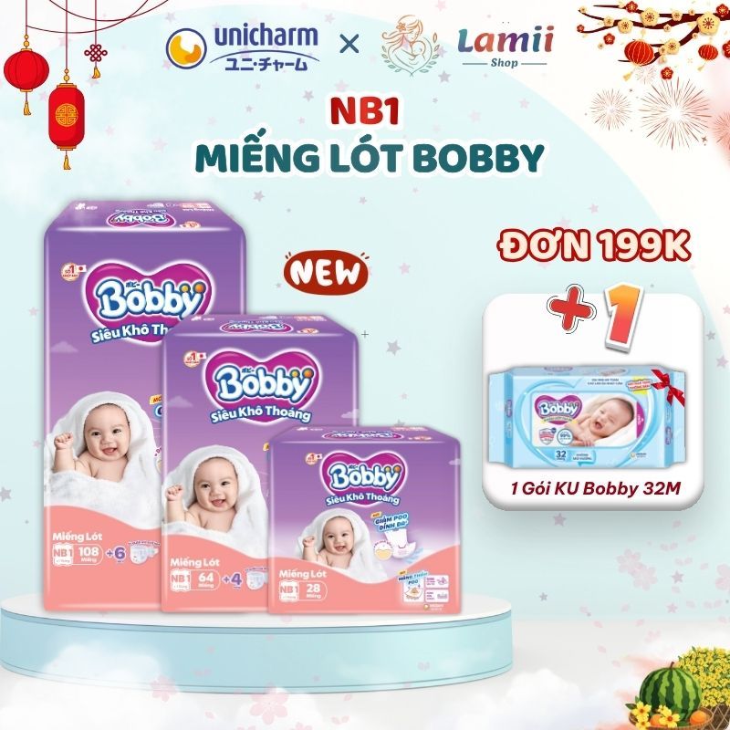 Thùng sỉ miếng lót sơ sinh Bobby Newborn thay băng vệ sinh bvs NB1, NB2 gói 28 - 64 - 108 miếng êm m