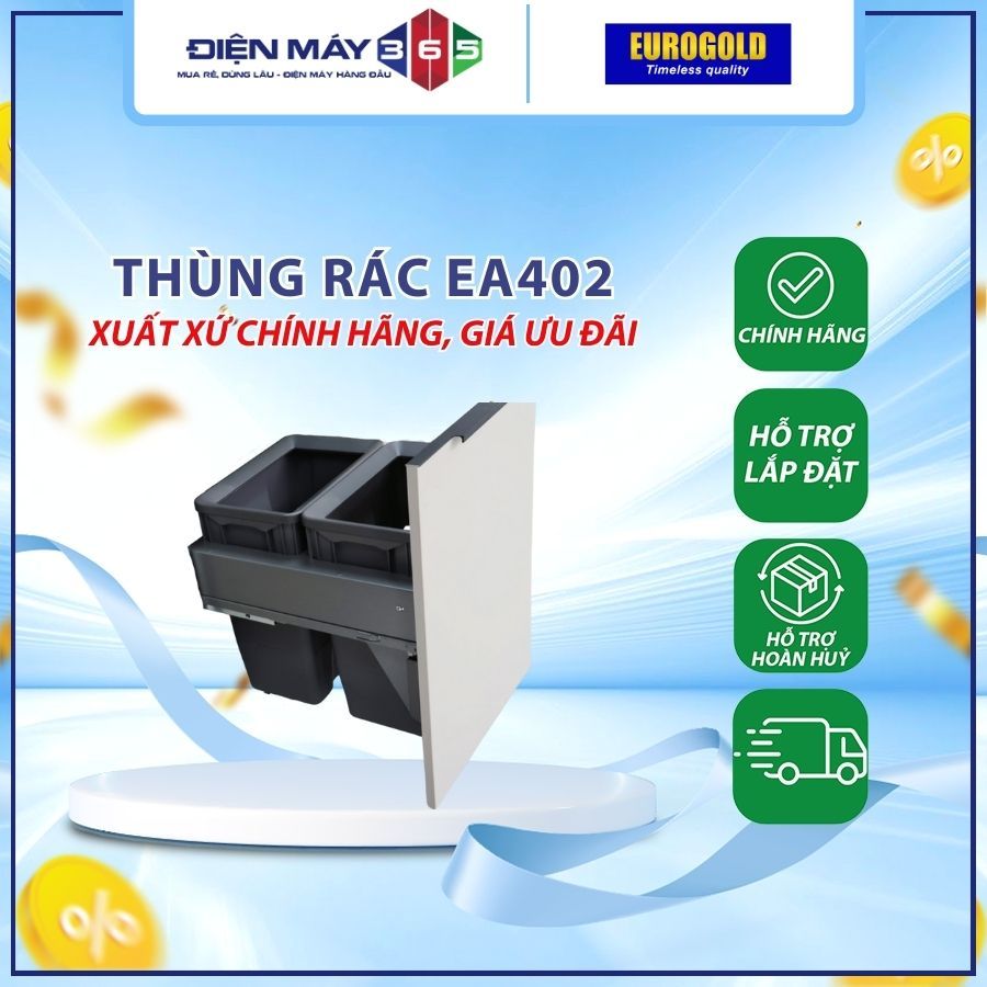 Thùng rác đôi âm tủ gắn cánh Eurogold EA450/EA402 Ray hộp giảm chấn cao cấp