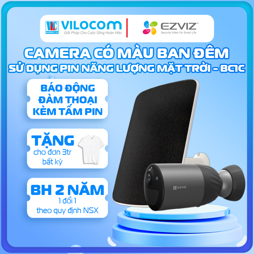 Camera IP ngoài trời Dùng Pin Sạc in EZVIZ BC1C kèm pin mặt trời CS-CMT-Solar - Hàng Chính Hãng