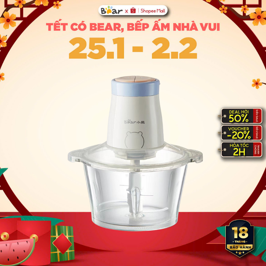 Máy xay thịt đa năng 2L Bear QSJ-B02Q1, 300W, 4 lưỡi dao, xay thực phẩm, cá, tỏi ớt, BH 18 tháng