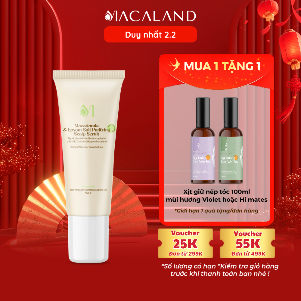 Tẩy Tế Bào Da Đầu Mắc Ca & Muối Epsom 150g MACALAND Làm Sạch, Giúp Tóc Chắc Khỏe