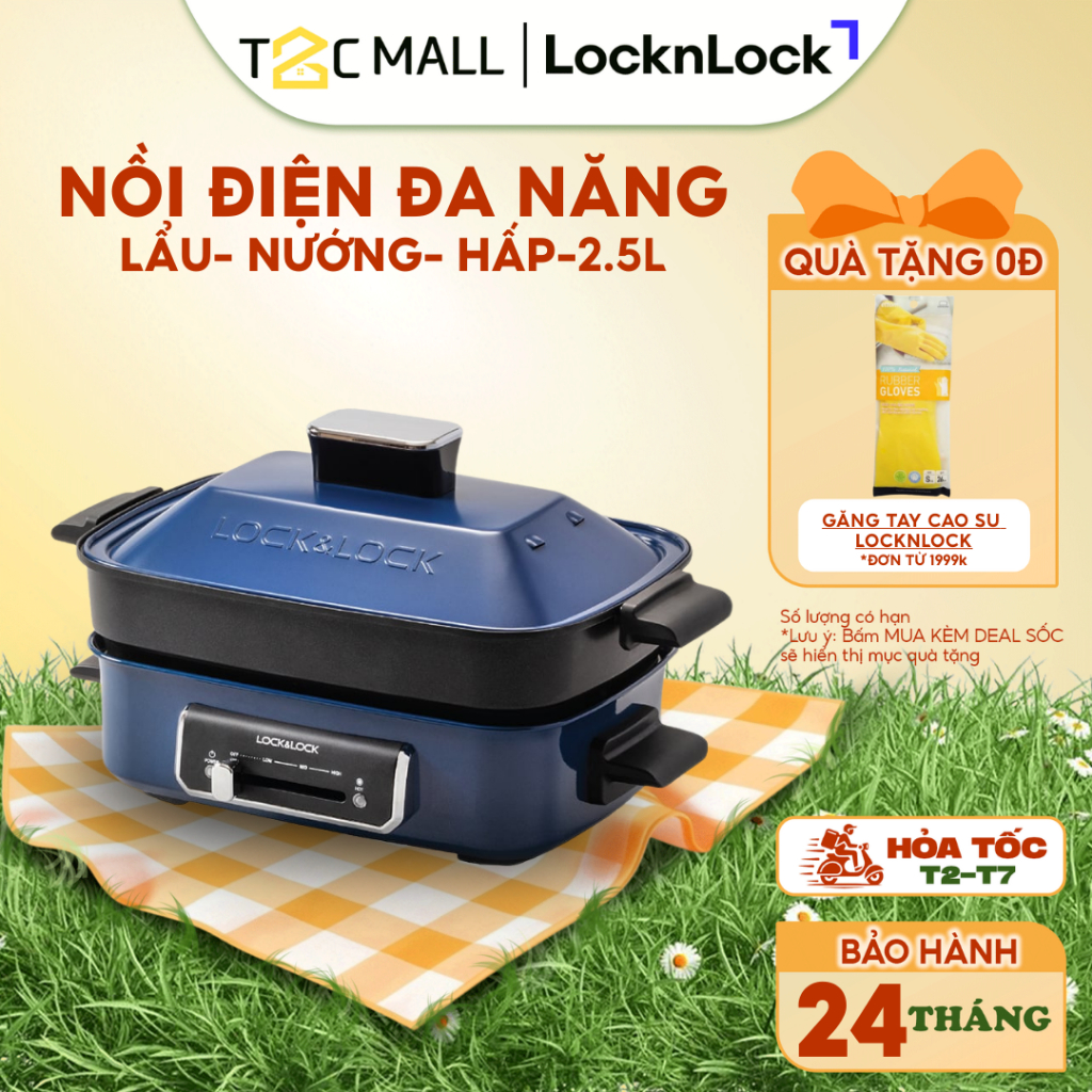 Nồi Lẩu Nướng Điện Đa Năng LocknLock 2.5L Chống Dính Có Khay Hấp Vỉ Nướng Chính Hãng EJG556 T2C Mall