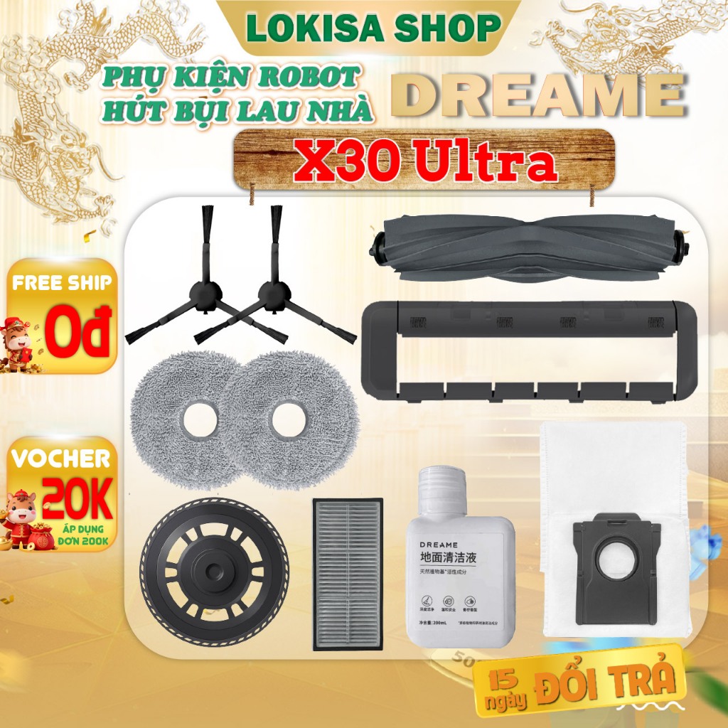 Phụ kiện Robot hút bụi Dreame X30 Ultra - Chổi cạnh, màng lọc bụi, túi chứ rác, giẻ lau thay thế cho robot X30 Ultra