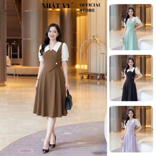Đầm công sở Nhật Vy tà cách điệu phối bèo cổ V form dáng xoè chất lụa phù hợp đi chơi dạo phố nhẹ nhàng - D2907