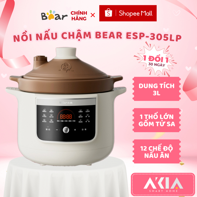 Nồi nấu chậm Bear ESP-305LP - Thố sứ tử sa, 12 chế độ nấu - Bảo hành 18 tháng
