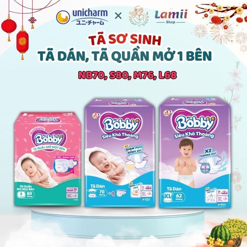 Tã dán Bobby sơ sinh Newborn /Tã mở một bên siêu mỏng 3mm Cotton-Soft êm mềm, khô thoáng| Lamii Shop