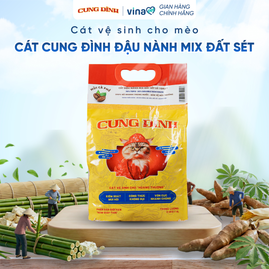 Cát vệ sinh cho mèo Cung Đình Vinapet đậu nành mix đất sét xả toilet siêu vón cục ít bụi 6L/ 2.4kg