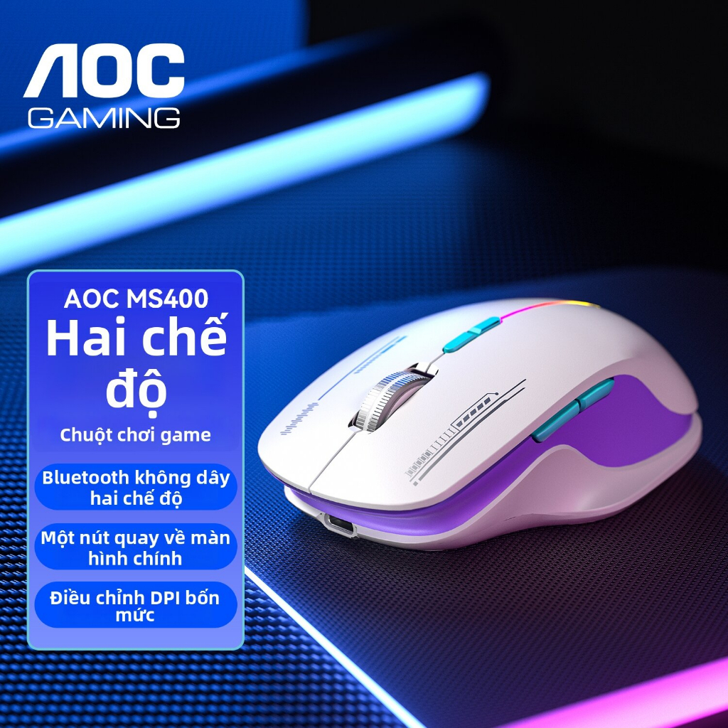 Chuột Gaming AOC MS400 Không Dây Bluetooth & 2.4G | Pin Sạc | 2400 DPi | Led RGB Cho Laptop, PC
