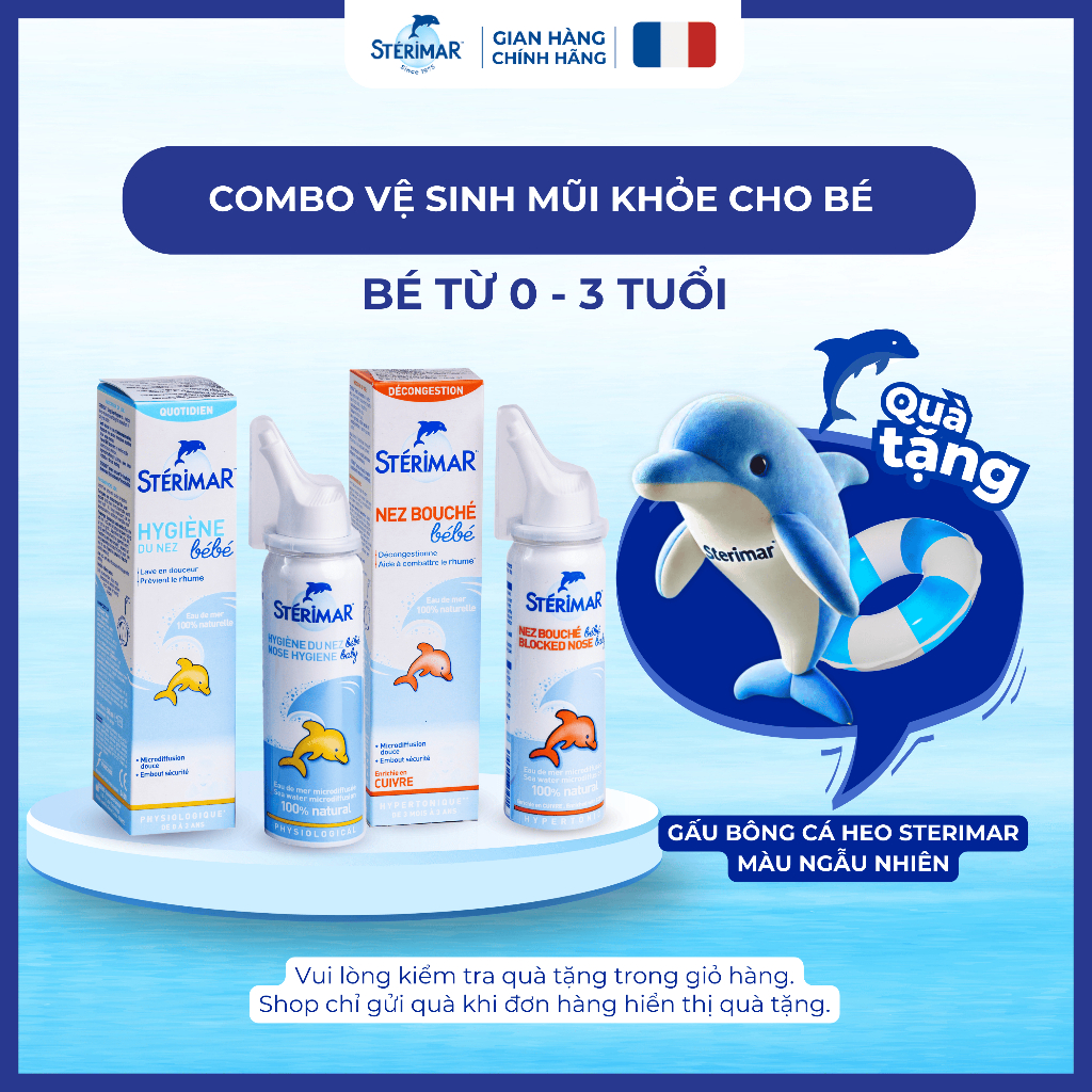 (HSD: T10/2026) Combo Vệ Sinh Mũi Khỏe Sterimar Cho Bé Giảm Nghẹt Mũi (0 tháng - 3 tuổi) - 50ml