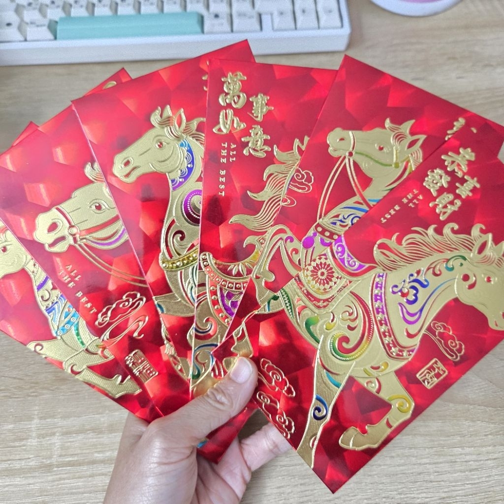 6 bao lì xì bóng bắt sáng ánh kim hình ngựa và câu chúc Tết tiếng Hoa size lớn cao cấp