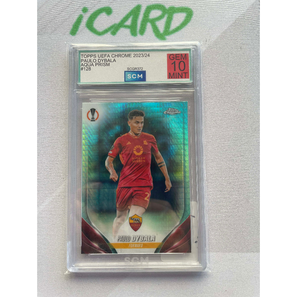 Thẻ bóng đá N222 Paulo Dybala AS Roma Aqua Prism Slab SCM 10 Topps UEFA Chrome 2023/24