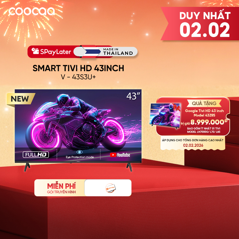 [Miễn phí lắp đặt HN-HCM] SMART Tivi FHD 43 Inch 43S3U+ Coocaa inch - tivi giá rẻ