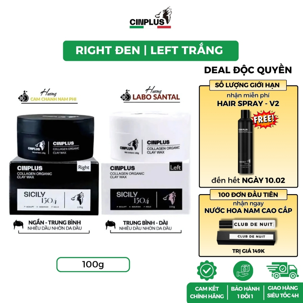 [DEAL GIỚI HẠN] Sáp vuốt tóc nam CINPLUS Clay Wax 100gr Left Trắng , Right Đen - Cinplus