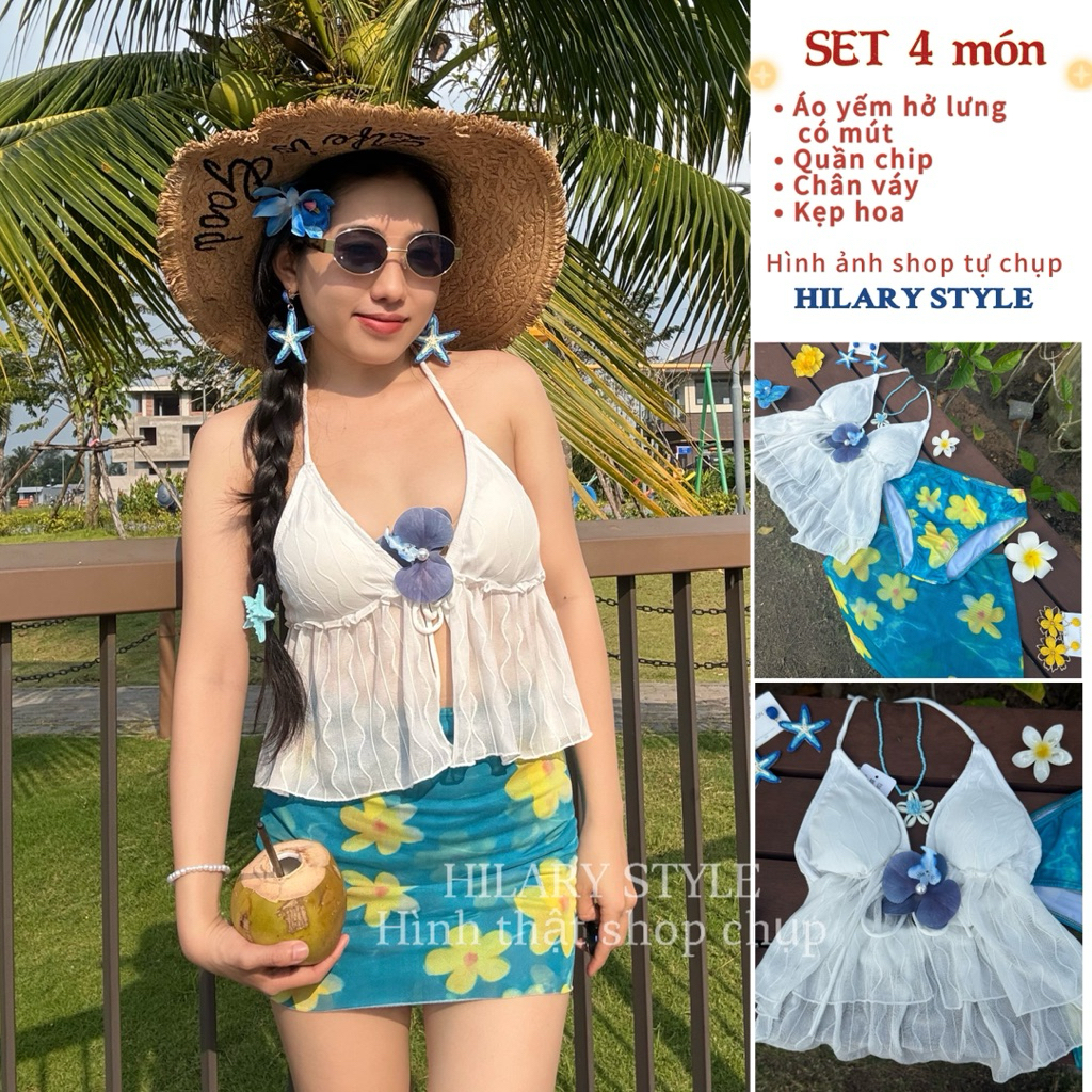 |HILARY STYLE| |HILARY STYLE| SET BIKINI 3 MÓN: ÁO YẾM TRẮNG, CHÂN VÁY XANH HOA VÀNG, QUẦN CHIP - TẶ