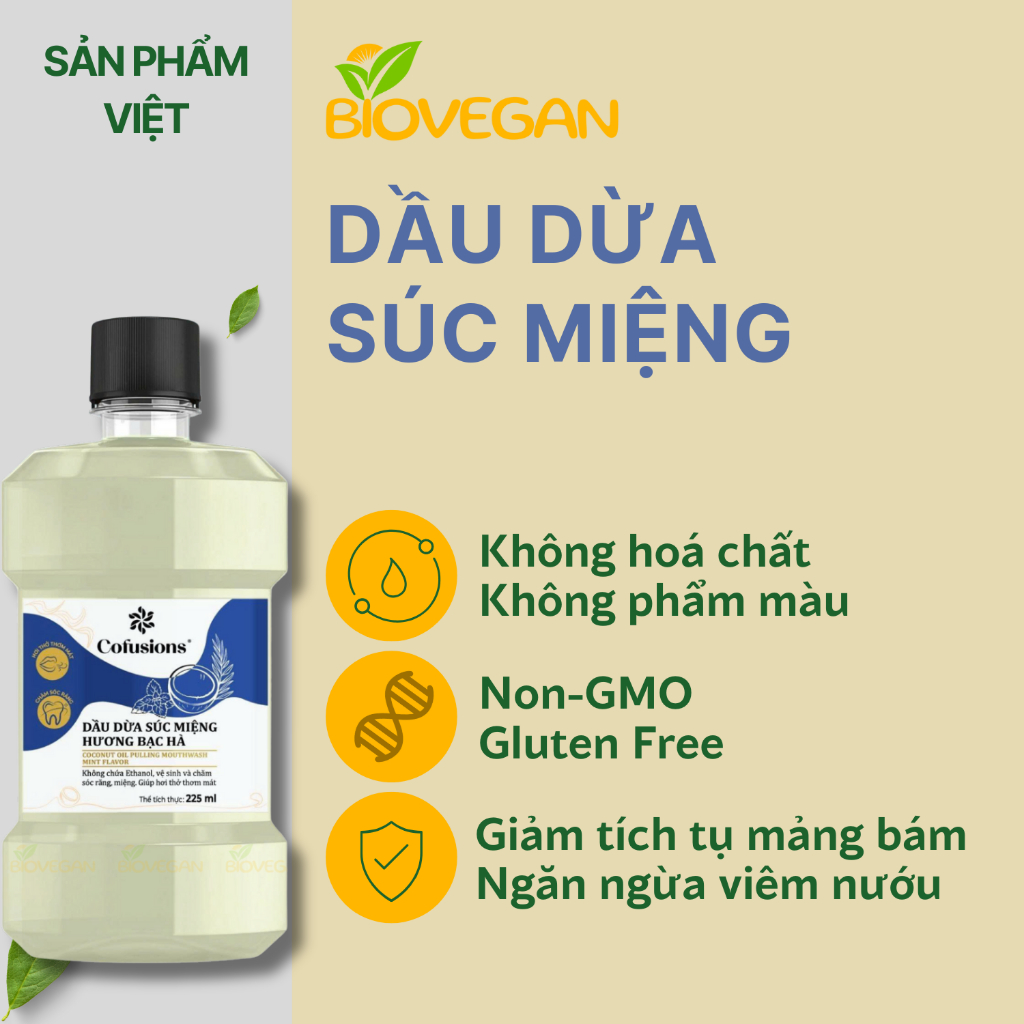 Dầu dừa súc miệng thơm mát hương bạc hà 225ml Vietcoco - Hỗ trợ trắng răng - BioVegan