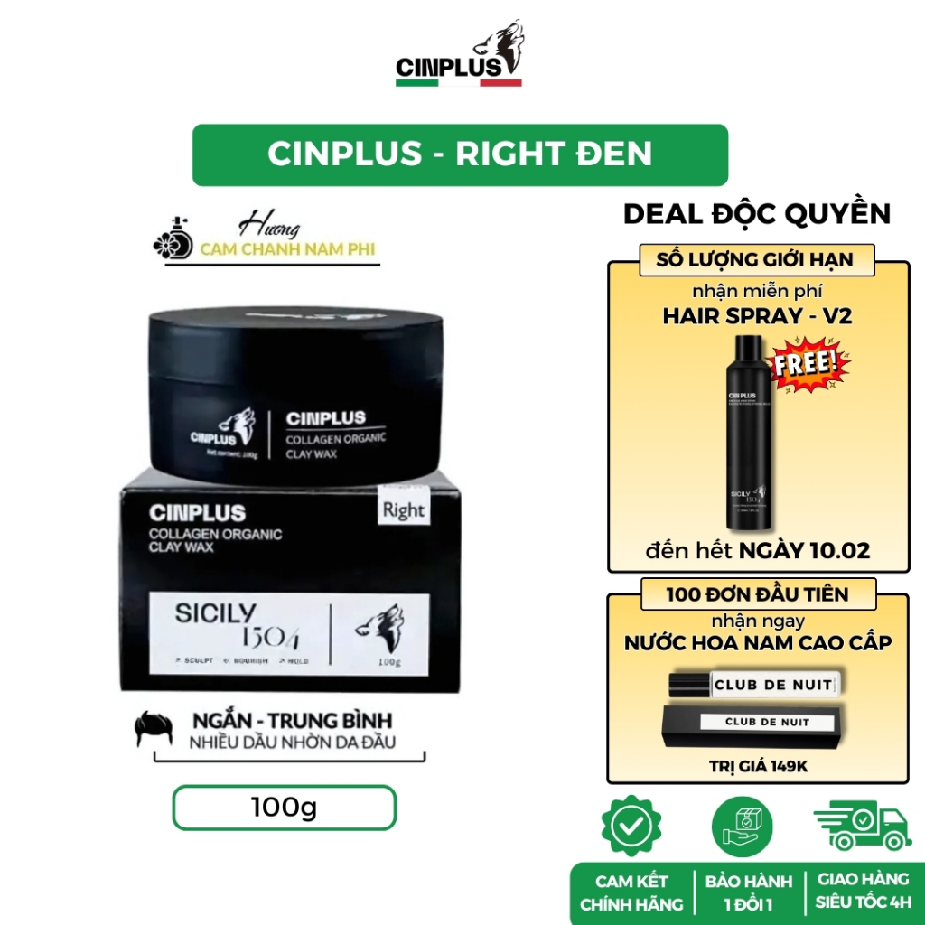 [DEAL GIỚI HẠN] Sáp vuốt tóc nam CINPLUS Right Đen100g giữ nếp tóc - Cinplus