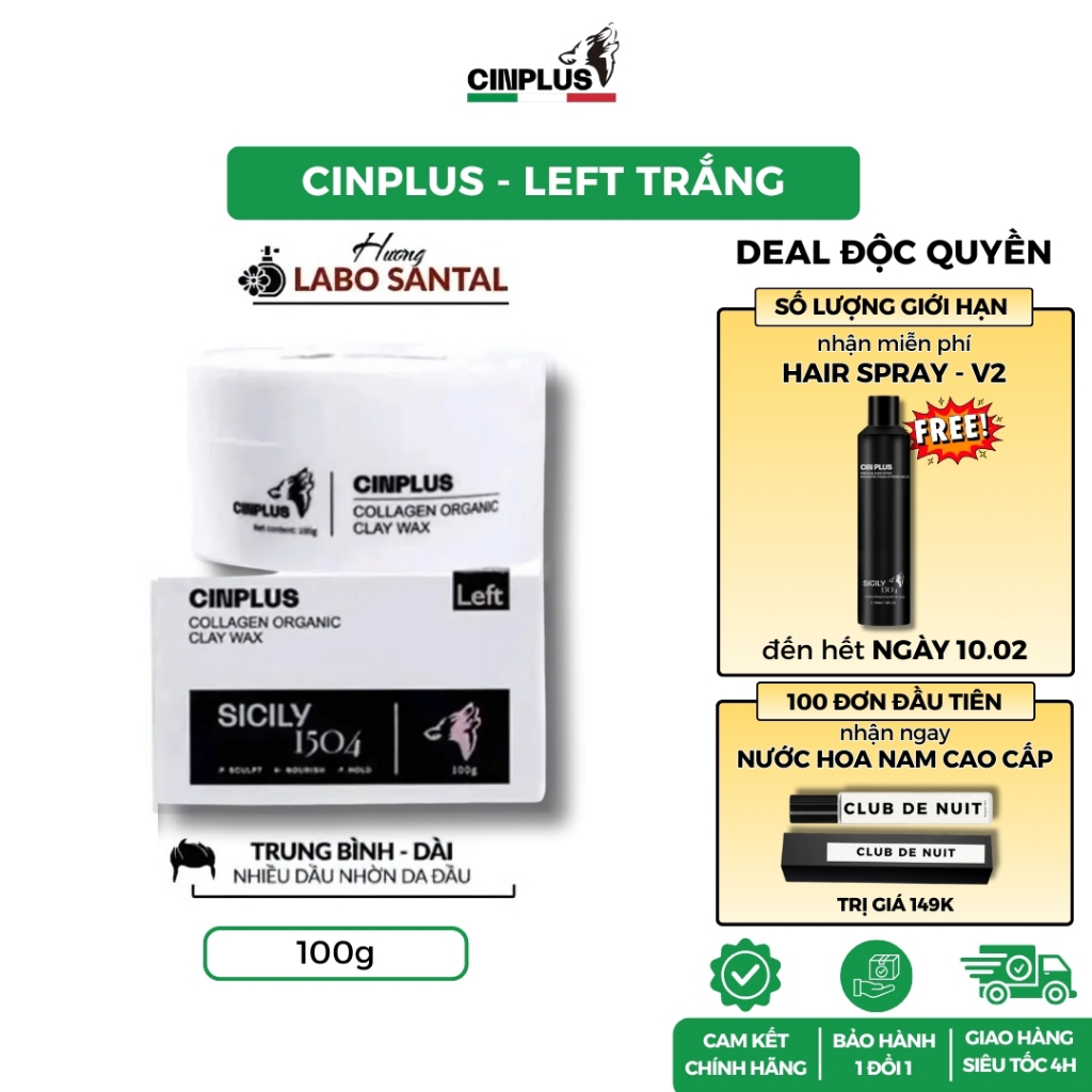 [DEAL GIỚI HẠN] Sáp vuốt tóc nam CinPlus Left 100gr chính hãng gel, wax giữ nếp tóc - CINPLUS