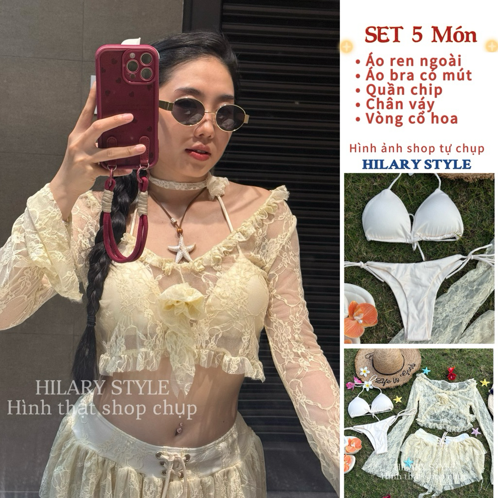 |HILARY STYLE| |HILARY STYLE| SET BIKINI 5 MÓN REN NUDE MÙA HÈ ĐI BIỂN ĐÍNH HOA
