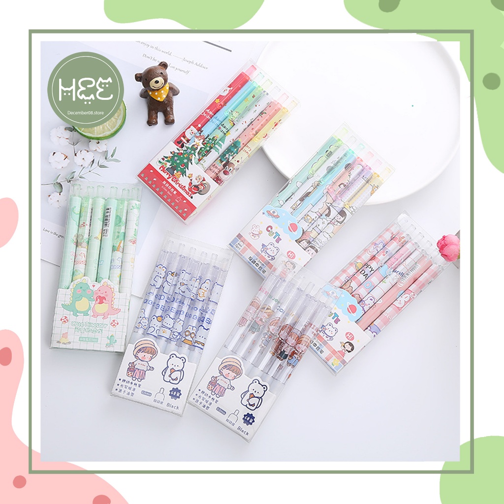 [V0039] Set 6 bút bi bấm mực gel đen hoạt hình nhiều màu sắc dễ thương December08.store