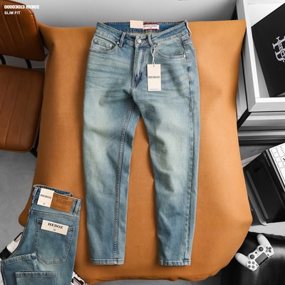 Quần jean nam Heboz dáng slim trơn D105, quần dài nam denim xanh nhạt - 00003013