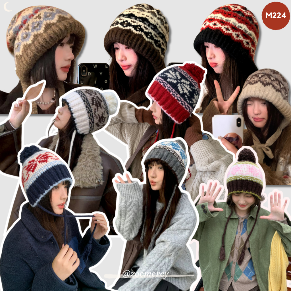 [SẴN]-🍊 Mũ len thổ cẩm dây rút xinh xắn dày dặn ấm áp cho mùa đông phong cách Hàn Quốc (M224)