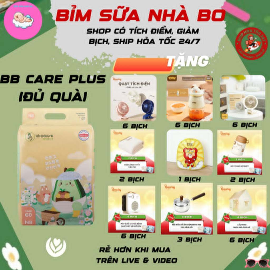 (TẶNG QUÀ) Tã bỉm BB NATURE CARE PLUS mềm, mỏng, thấm hút tốt đủ size S62>>4XL