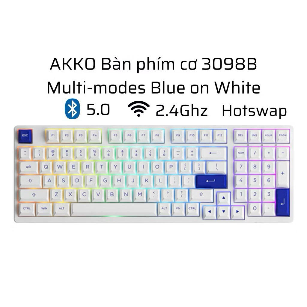 Bàn phím cơ AKKO 3098B Multi-modes Blue On White (Bluetooth 5.0 / Wireless 2.4Ghz )( Like New )