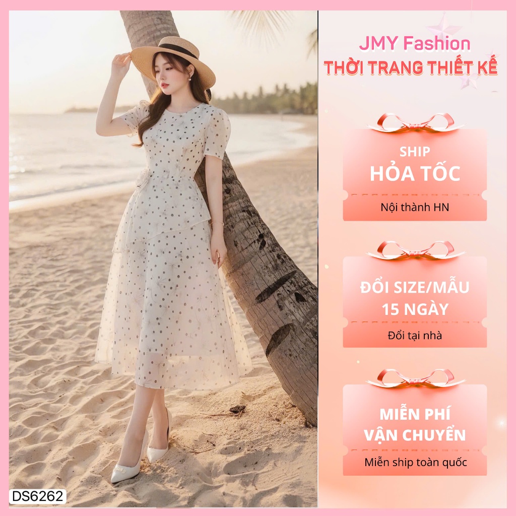 (HỎA TỐC) DS6262 Váy tơ trắng xòe dài chấm bi hoa eo nữ tính [Dolce Viva Colection (DVC/ACC)]
