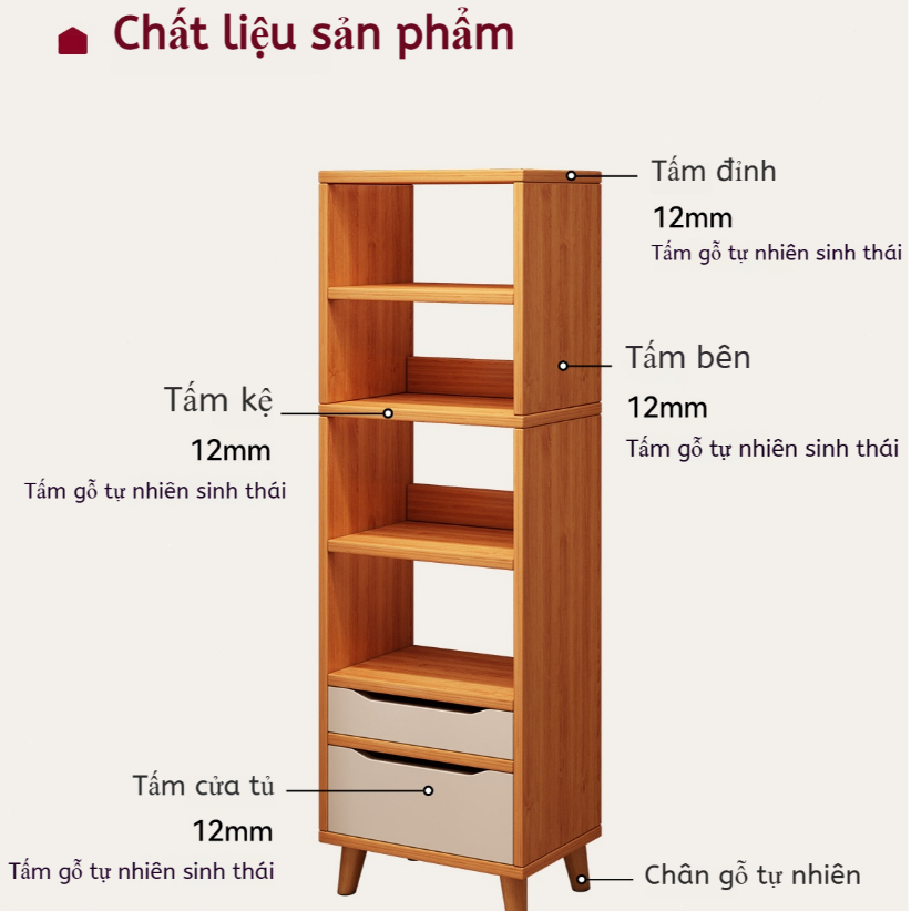Kệ Sách Gỗ Tự Nhiên Đa Tầng Có Ngăn Kéo Gỗ Sồi Nguyên Tấm Dày120mm Thiết Kế Hẹp Tiết Kiệm Không Gian | BigBuy360 - bigbuy360.vn