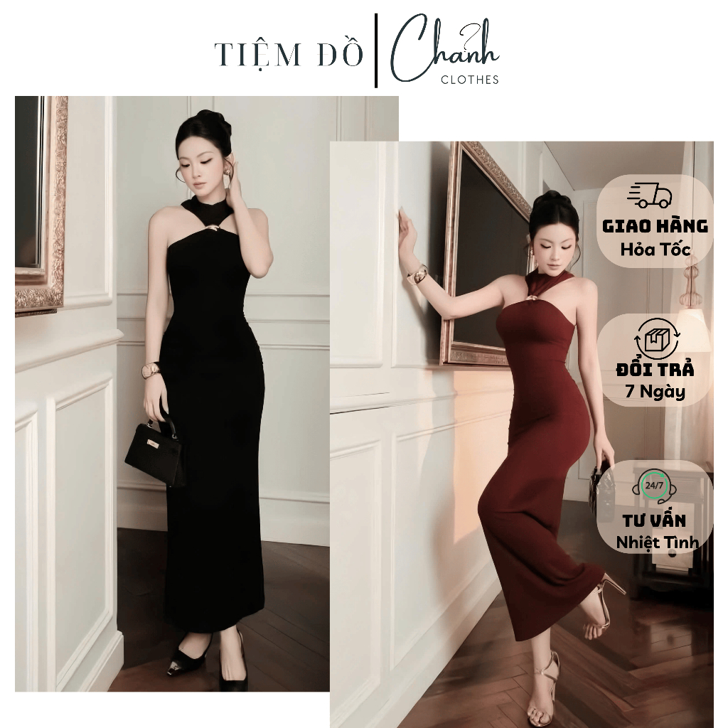 Đầm Body Dự Tiệc Cổ Yếm Dáng Dài Quyến Rũ Sang Trọng Tôn Dáng