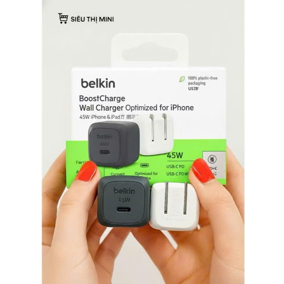[NEW]Củ Sạc Nhanh Belkin 45W BoostCharge 1 Cổng USB-C PD 3.1 & PPS kèm cáp sạc belkin C-C và C-L bền
