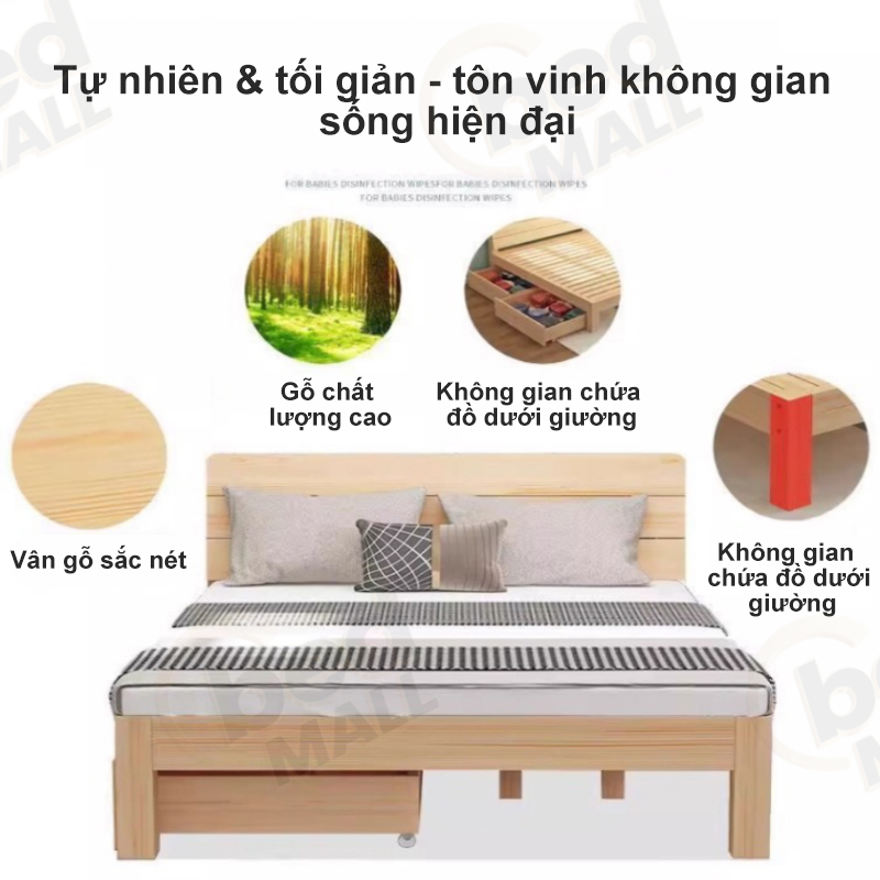 Giường Gỗ Tiết Kiệm Không Gian Có Ngăn Kéo Chắc Chắn Không Sơn Phù Hợp Phòng Ngủ Giá Gốc Từ Xưởng | BigBuy360 - bigbuy360.vn