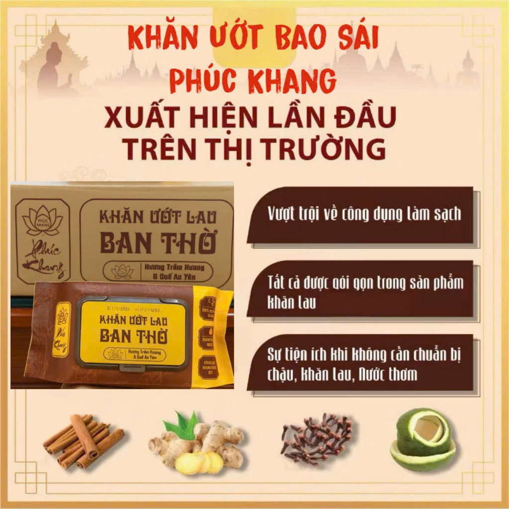 Combo 5-10 Gói Khăn Ướt Lau Ban Thờ Phúc Khang Hương Trầm Hương Và Quế An Yên Tự Nhiên Tiện Lợi An Toàn Sạch Sẽ