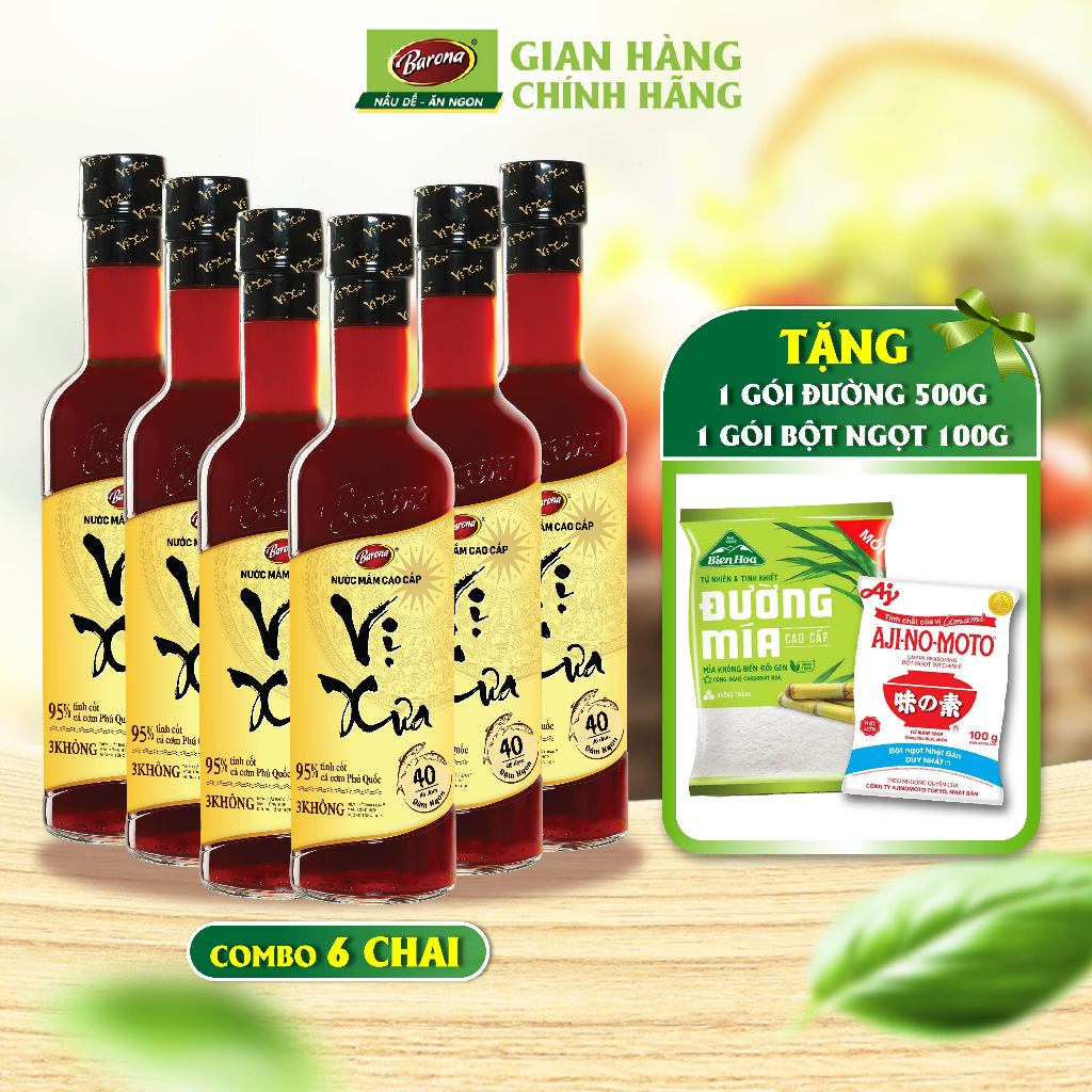 Combo 6 chai Nước Mắm Cao Cấp Vị Xưa Barona 40 độ đạm + (Tặng 500g đường và 100g bột ngọt)
