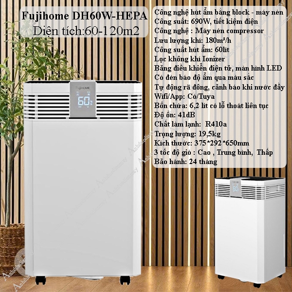 Máy hút ẩm 60L HEPA lọc không khí và diệt khuẩn Fujihome DH60W-HEPA