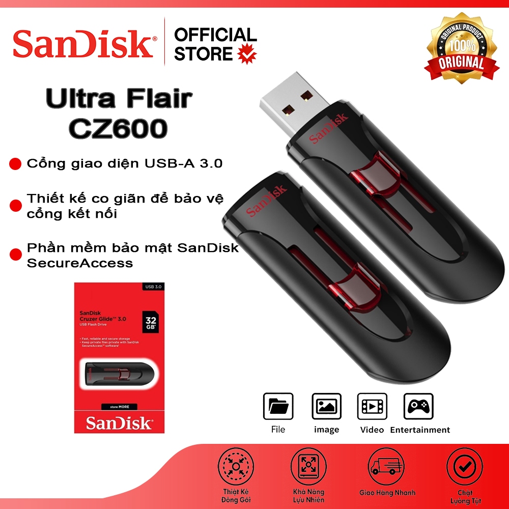 USB 3.0 32GB 64GB 128GB 256GB SanDisk CZ600 Cruzer Glide - Tốc độ cao