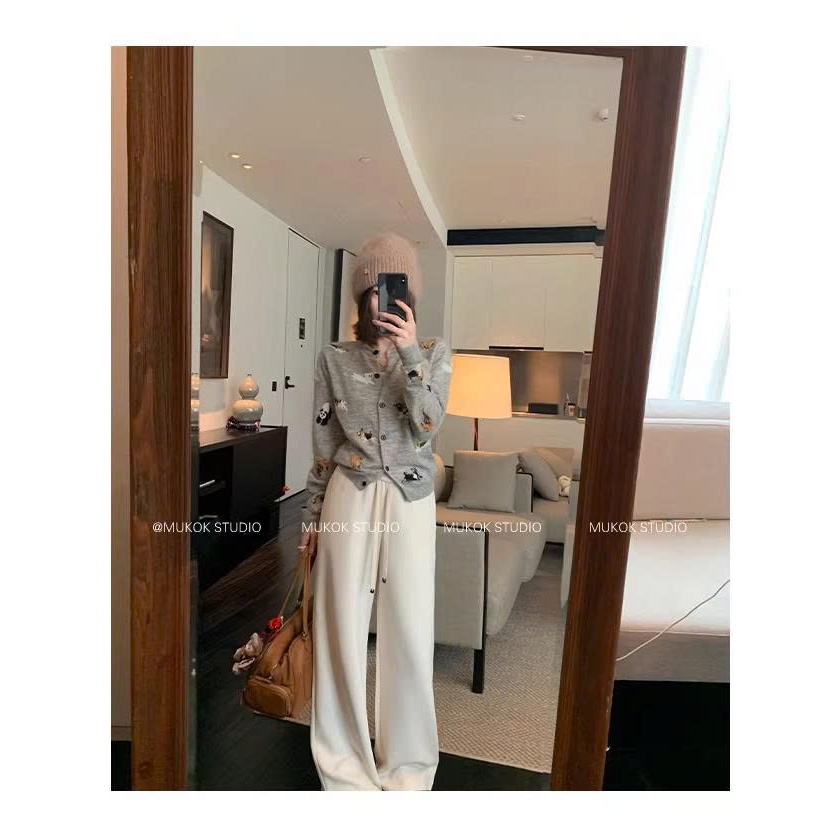 [MUKOK] Áo cadigan len màu xám cho nữ, chất liệu mohair (lông dê Angora) kết hợp len cừu