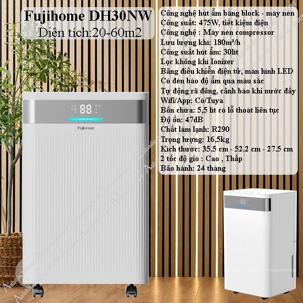 Máy hút ẩm 30L sử dụng phòng 50m2 kết nối WIFI Fujihome DH30NW