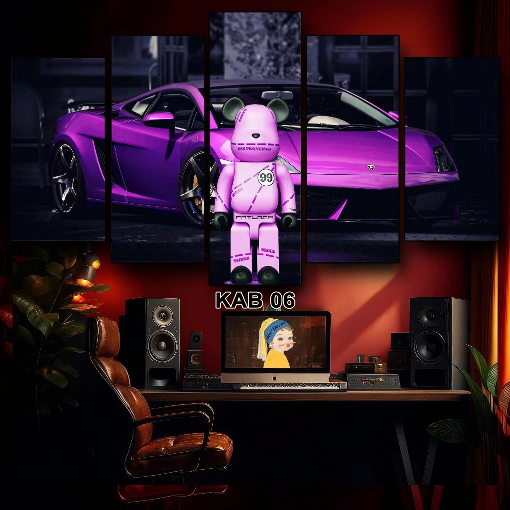 Bộ 5 Tấm Tranh Ghép Decor Gấu Bearick Siêu Xe in UV nhám nổi Dán Tường Kèm Keo Dán Sẵn 3M BH Vận Chu