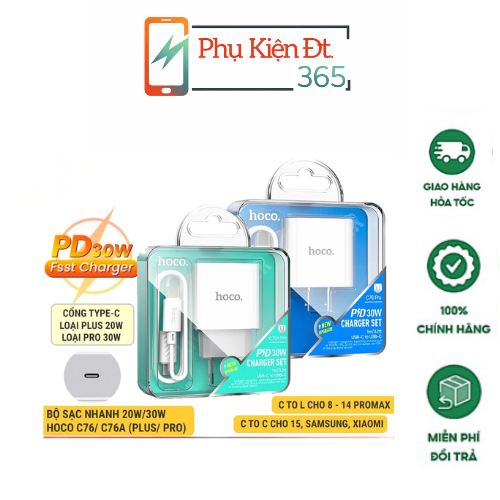 Bộ Sạc Nhanh PD 20W/ 30W Cho 8/8P X/Xs 11/12/ 13/14 Pro/ProMax Hoco C76/C76A Plus Chuẩn Type-C, Đầu 