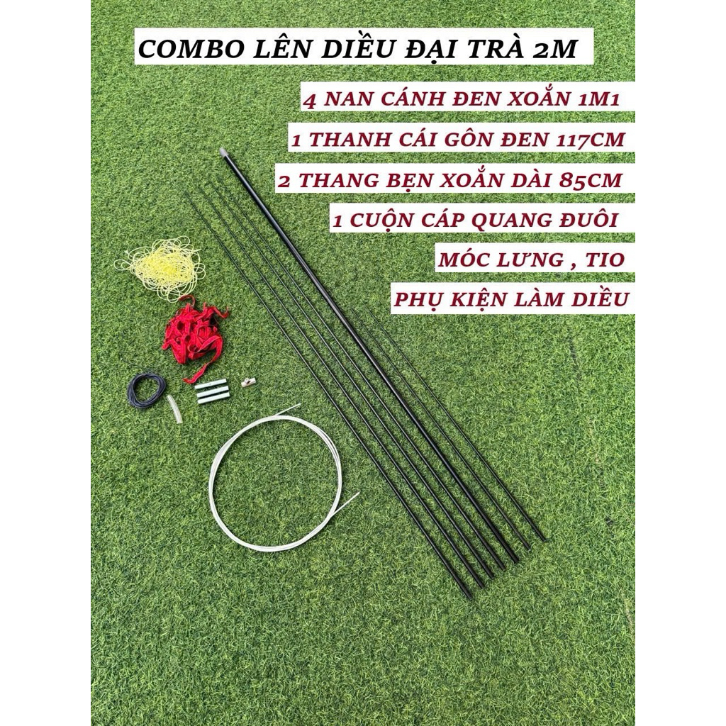 Combo lên diều đại trà  2m-2m2 , thanh cái gôn đen , full đen xoắn kèm full phụ kiện làm diều