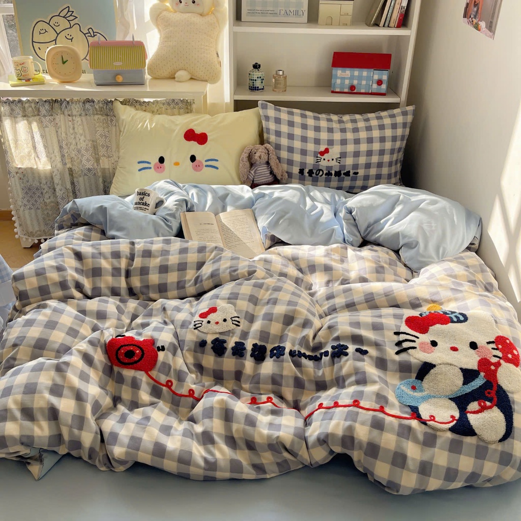 (Hàng nhập)Trọn bộ ga trải giường vỏ chăn 4 món cotton đũi gấu nơ siêu kute hột me đủ kích thước m6/