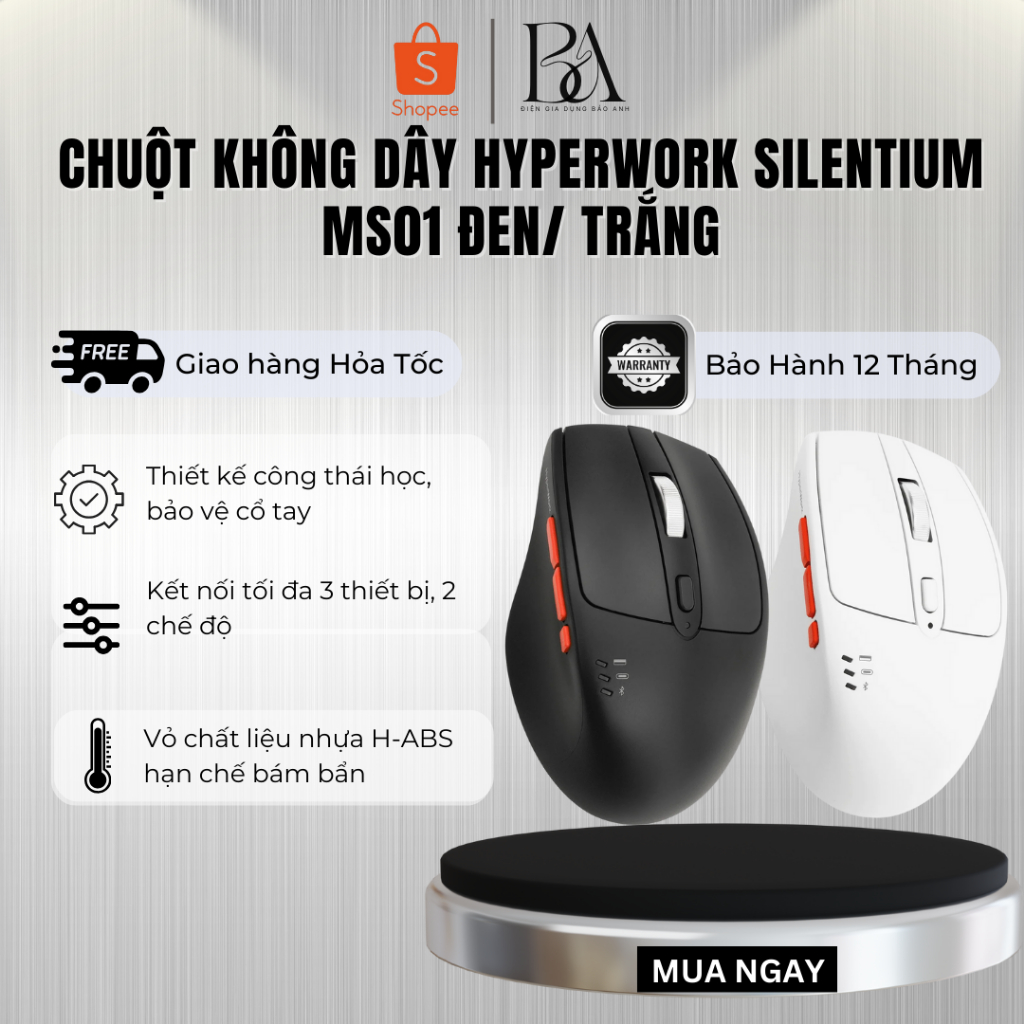 Chuột không dây HyperWork Silentium MS01 Đen/ Trắng - Bảo hành chính hãng 12 tháng