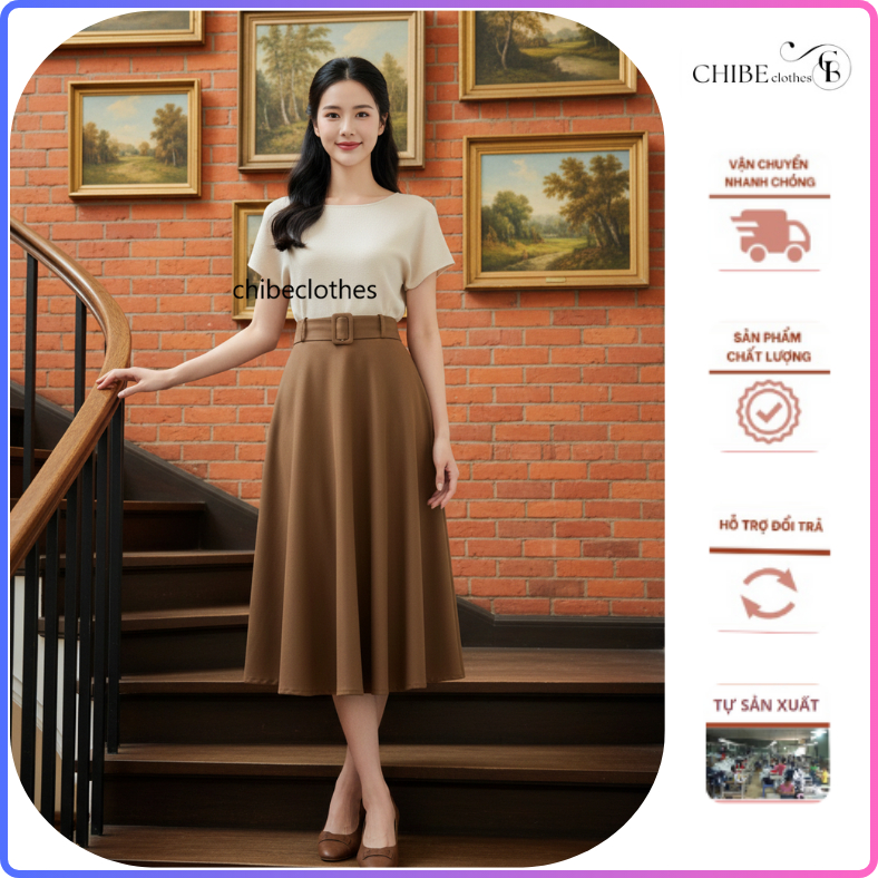 Chân Váy Xòe Dài 80cm Phối Đai_Chất Vitex Cao Cấp, Chân Váy Bigsize Công sở, Chân Váy Công Sở _CV53
