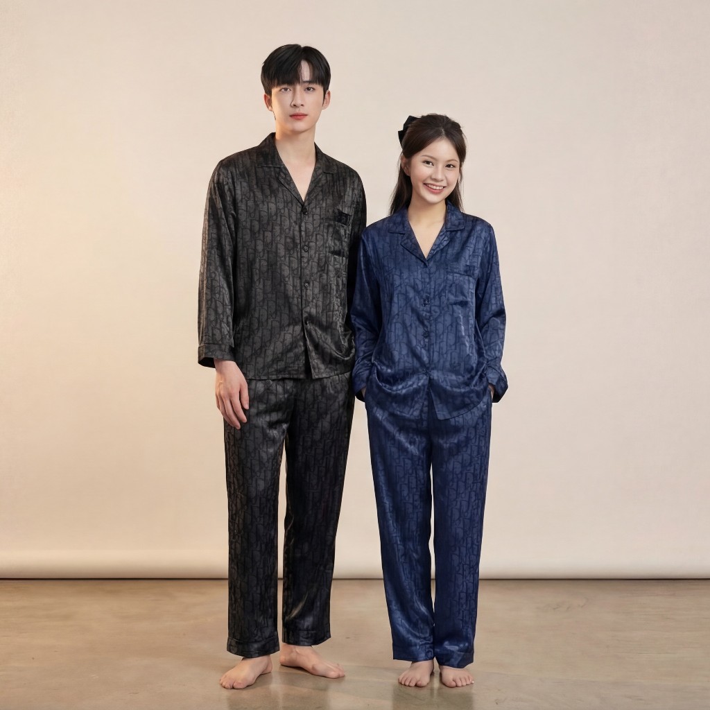 Bộ Pijama Nam Nữ, Bộ Đồ Ngủ Dài Tay Chất Liệu Vải Lụa Gấm Vân In Chìm THE1997