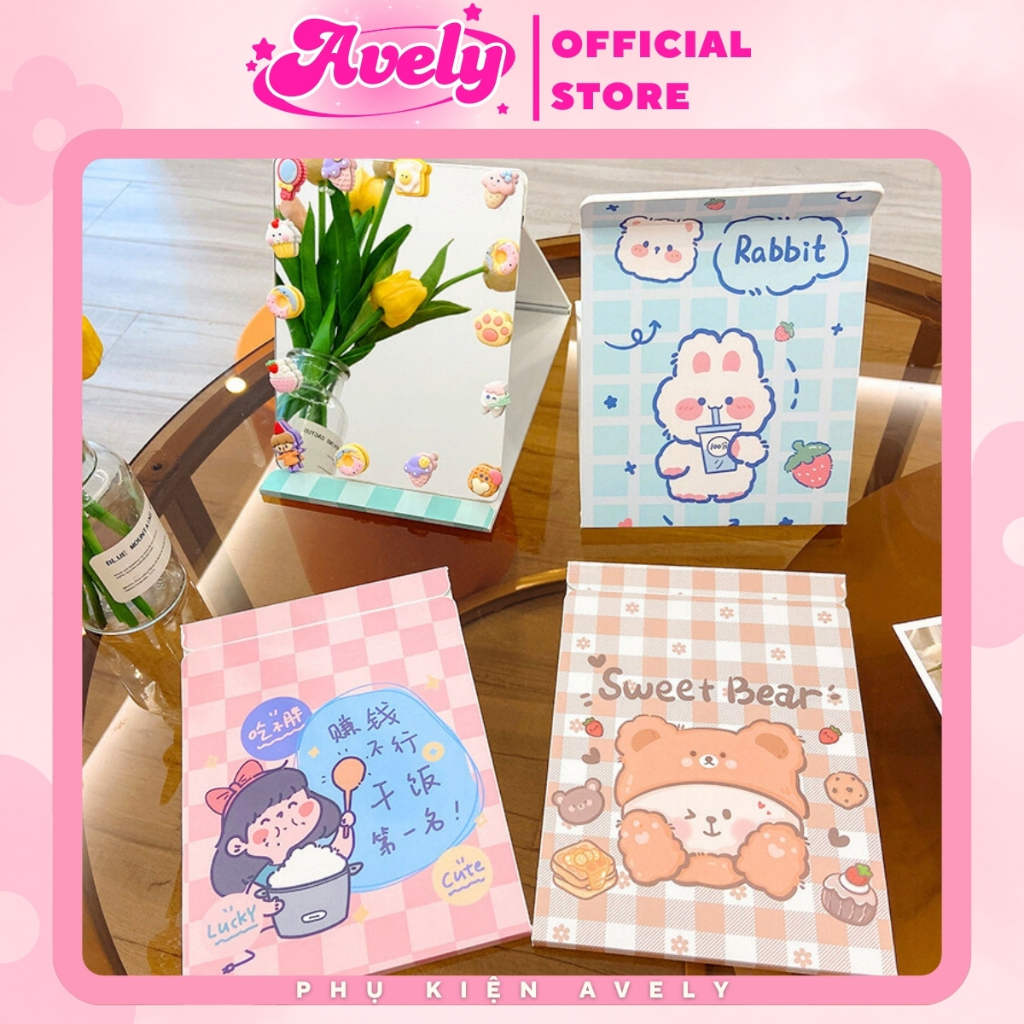 Gương để bàn gấp gọn bìa giấy dễ thương, Gương gấp gọn da PU full viền, Gương gấp cute - AVELY Store