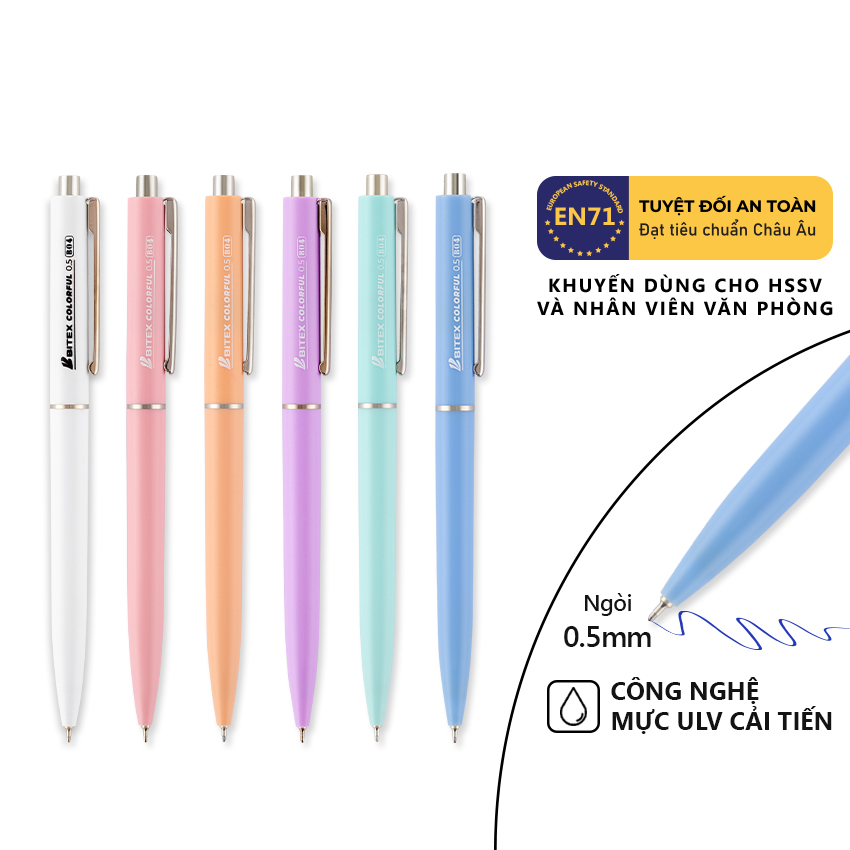 COMBO 5 Bút bi Bitex B04 ngòi 0.5mm, thân bút màu pastel