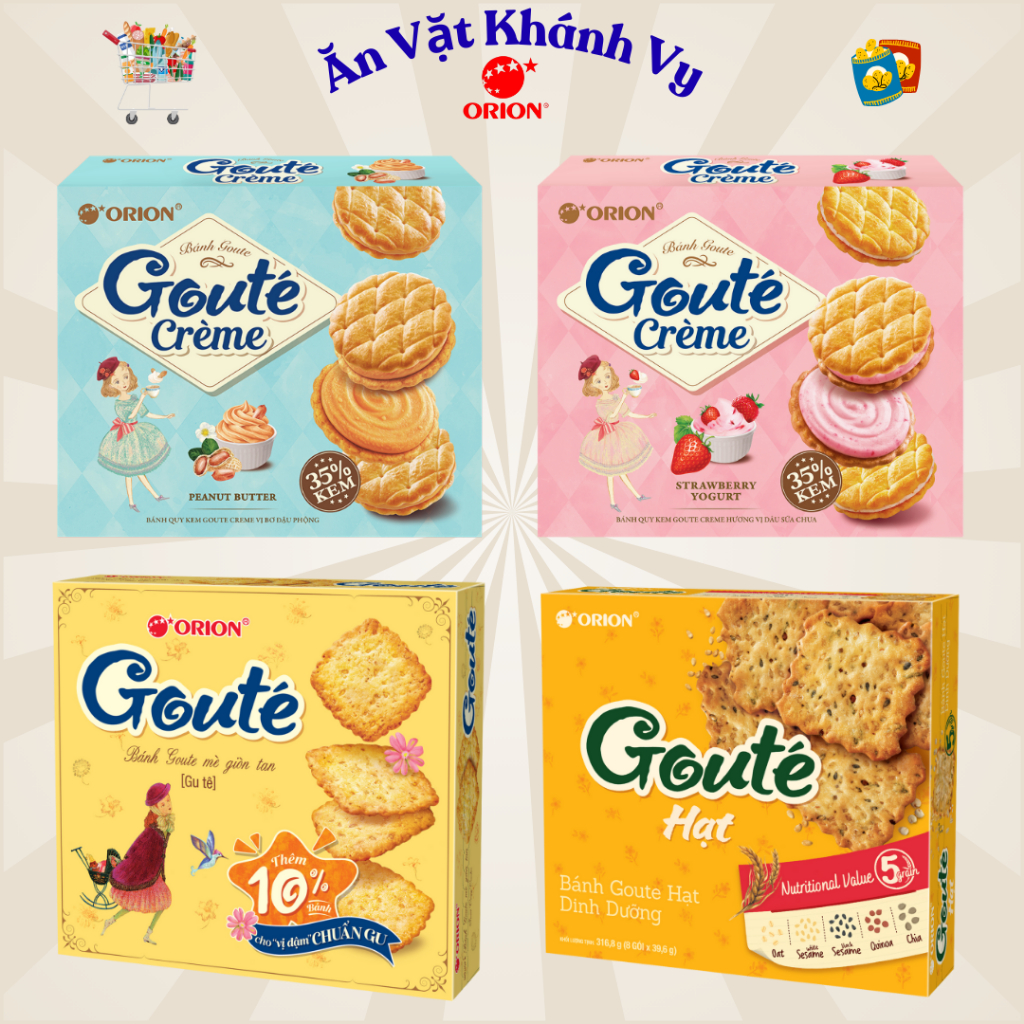 Bánh Quy Goute Orion Đủ Vị - Mè , Hạt,  Dâu Sữa Chua Và Bơ Đậu Phộng Hộp 316g - 320g - HÀNG CHÍNH HÃ