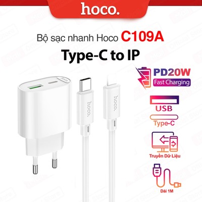 Bộ sạc nhanh Typec to IP PD20W 3.0A Hoco C109 / C109A dùng cho 14 trở xuống, gồm 2 cổng sạc USB và Type-C, dài 1m